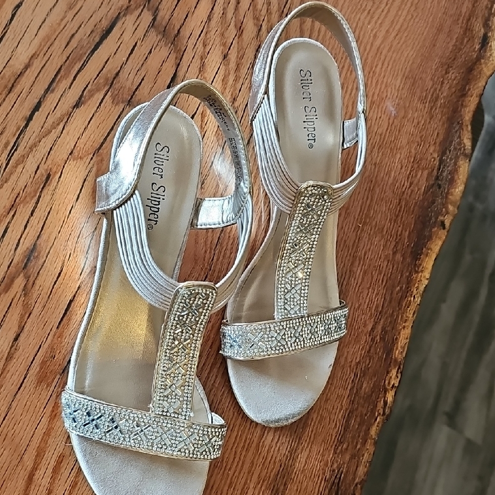 Rose Gold Colored Silver Slipper Branded Women's Embellished Silver Wedges